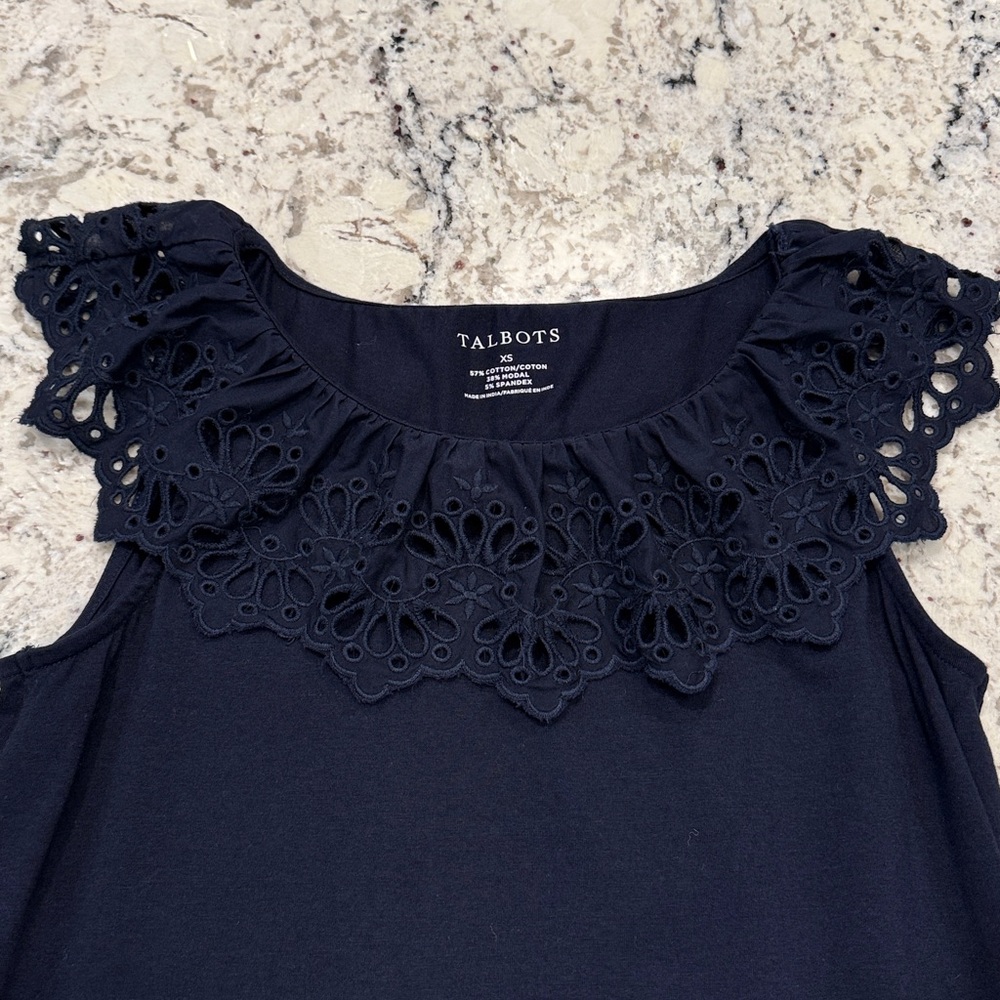 Talbots Navy Eyelet Ruffle Blouse - Picture 3 of 6